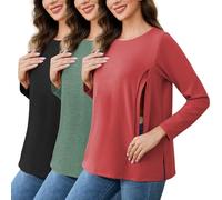 Liu & Qu Women's 3-Pack Nursing Tops Hidden Zippers Long Sleeves Breastfeeding Shirts Loose Fit Maternity Clothes, Black+heather Green+red Wood, S
