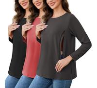 Liu & Qu Women's 3-Pack Nursing Tops Hidden Zippers Long Sleeves Breastfeeding Shirts Loose Fit Maternity Clothes, Black+charcoal+red Wood, L