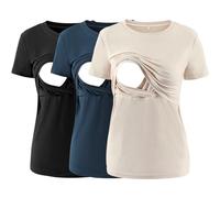 Liu & Qu Women's Maternity Nursing Tops Rib Short Sleeve Breastfeeding Shirts Maternity Clothes 3-Pack, Black/Royal Blue/Apricot, L