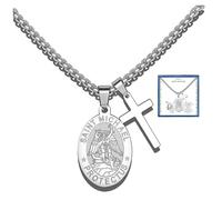Liuanan St Michael Pendant for Men Saint Michael the Archangel Pendant Necklace Christian Protection Jewelry Stainless Steel Religious Cross Chain for Him Catholic Gifts for Confirmation First