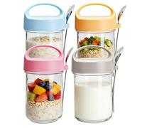 LIUCONGBD 4 Pack Overnight Oats Jars with Lids and Spoon, 410ml/14.5oz Airtight Food Glass Container, Leak Proof Mason Jar Breakfast Pots for Salads Cereal Milk Porridge Fruit