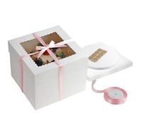LIUCONGBD Pack of 5-10 x 10 x 10 Inch White Square Cake Boxes, Cake Board and Box with Pink Ribbon Stickers, Cakes Box with Transparent Window for Multi-Layer Cakes Decorating Supplies