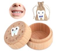LIUCONGBD Tooth Fairy Box with Tooth Fairy Bag, 3D Cute Carved Wooden Tooth Holder for Boys, Girls and Kids, Keepsake Organizer for Storing Baby's Dropped Lost Teeth (Boy)