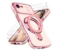 Liufcx for iPhone 16e Case with Glass Screen Protector:Curly Waves Luxury Plated Gold Edge Love Heart Pattern Kickstand Case,Soft TPU Shockproof Full Camera Protection Case for iPhone 16E (Pink)