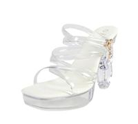 LIUGUISUOCHBH 12cm High Heels for Women | Square-Toe Ankle Strap Platform Sandals | Comfortable Arch Support | for Weddings/Club Nights,White,7 UK