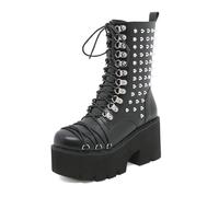 LIUGUISUOCHBH Women's Gothic Punk Studded Mid-Calf Boots | Chunky Heel Platform Combat Boots for Lolita Parties, Vampire Cosplay,Black,5 UK