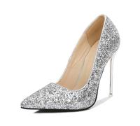 LIUGUISUOCHBH Women's Sparkly Pointed Toe Pumps for Plus Size Ladies | 11cm High Heels for Wedding, Bridesmaid, Dancing, Formal Events,Silver,9 UK