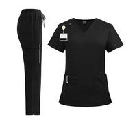 LIUHLFSR Nursing Scrubs Uniform Suit Short Sleeve V-Neck Tops+Pants Sets Women Multicolor Pet Medical Workwear Nurse Accessories for Use in Hospitals(Black,L)