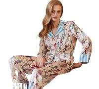 LIUHLFSR Satin Pjs Set Ski Print Fun Women's Pajama Set Silk Thin Two-Piece Long Sleeve Full Length Pants Pajamas(M(weight 45-55kg))