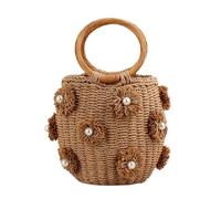 LIUHLFSR Women Straw Tote Handbag With Pearls Handmade Woven Bag Drawstring Wrist Purse Summer Holiday Beach For Travel, Holidays(Camel)