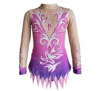 LIUHUO Rhythmic Gymnastics Leotards Girls Purple Print Luxury Flash Diamond Crew Neck Sleeveless Competition Costume