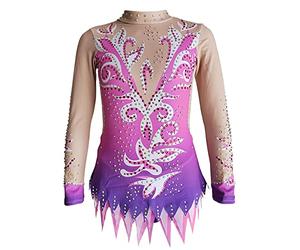 LIUHUO Rhythmic Gymnastics Leotards Girls Purple Print Luxury Flash Diamond Crew Neck Sleeveless Competition Costume
