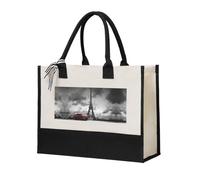 Liulannq Red Car In Front Of The Eiffel Tower Elegant Women'S Temperament, Canvas Stitching Handbag