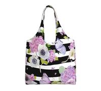 Liulannq Striped Flower Butterfly One-Shoulder Commuting Canvas Bag, Color Environmental Protection Handbag Can Be Reused, Super Durable And Washable.
