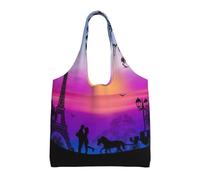 Liulannq Valentine Paris Eiffel Tower Romantic Couple Carriage Sunset One-Shoulder Commuting Canvas Bag, Color Environmental Protection Handbag Can Be Reused, Super Durable And Washable.