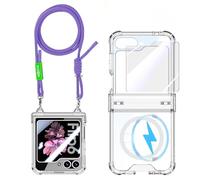 LIULANZ Clear Case for Samsung Galaxy ZFlip6 with Screen Protector Hinge Protection and Strap, Compatible with MagSafe Wireless Charger Slim Thin Transparent Hard PC Phone Cover. (ZFlip6-Strap-Purple)