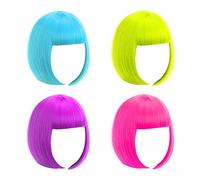 LIULIUBTY Short Bob Wig, 4 Pieces Colorful Wigs, 12" Cosplay Wigs with Flat Bangs, Neon Colored Wig for Women Party Favors Bachelorette Party Night Club with Extra Wig Cap