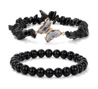 Liumarvexia Natural Amethyst Turquoise Opal Beads Double Layered Butterfly Bracelet, Boho Bracelet Charm Jewelry with Gift Box for Women Summer Beach Party Stackable Stretch Jewellery Gifts, Obsidian