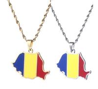 Liumarvexia Romanian Map Flag Charm Pendant Necklace, Romanian Map Stainless Steel Neck Charm Jewelry Ethnic Style Necklace Gift 2 Pcs 50Cm