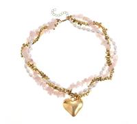 Liumarvexia Trendy imitation pearl multi-layered necklace for women, pink crushed stone heart-shaped pendant Choker Dainty Necklace Party Punk Trendy Jewelry
