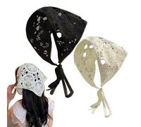 Liummrcy 2Pcs Bandana Headband Breathable Crochet Bandana Knitted Head Scarf with Ties Hallow Floral Vintage Head Kerchief for Girls Hair Accessories Black & Beige