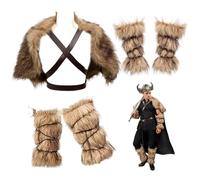 Liummrcy 3PCS/Set Viking Costume Men Warm Faux Furs Barbarian Costume Includes Arm Cuff Shawl Cloak Foot Cover Medieval Viking Outfit for Halloween Party Cosplay