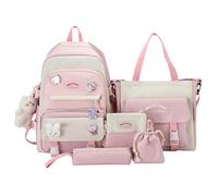 Liummrcy Kawaii Backpack 5PCS/Set Large Capacity Aesthetic Backpack with Kawaii Pendants, Crossbody Bag, Pencil Case, Handbag, Drawstring Bag and Badge for Teen Girls School