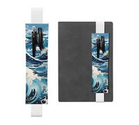 LiuMng Adjustable Pen Holder, Black Elastic Band bookmark, Ukiyo-e style waves print Leather Pencil Sleeve, for Journal Notebook, White, One Size, Adjustable Pen Holder for Journals