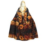 LiuMng Adult Halloween Hooded Cloaks, orange yellow butterfly field flowers print Unisex Wizard Robes Capes, for Holiday Party Cosplay Costumes