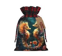 LiuMng Beautiful Seahorse Couple Christmas Drawstring Gift Bags with Tags - Reusable cloth Wrapping for Package Storage Party Favors.