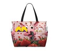 LiuMng Large Capacity Beach Bag - print Waterproof Travel Bag Pink Cow with Strawberries Multi-Pocket Tote for Vacation Gym Women