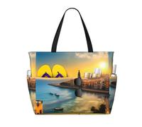 LiuMng Large Capacity Beach Bag - print Waterproof Travel Bag Sunset in Barcelona Multi-Pocket Tote for Vacation Gym Women