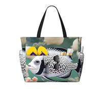 LiuMng Large Capacity Beach Bag - print Waterproof Travel Bag White Tropical Fish Multi-Pocket Tote for Vacation Gym Women