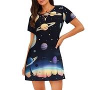 LiuMng Nightdress Short Sleeve Night Shirts Soft Sleep Dress Saturn Jupiter Earth Print Sleepwear, Nightgowns for Women S-3XL, Black, 3XL