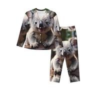 LiuMng Women's Pajama 2 Sets,Cute Koala Print Loungewear Pjs,Soft Long Sleeve Button Down Sleepwear, for Home or Gift, Black, M