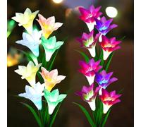 LIUNIAN 2PC Solar Lights Outdoor, Lily Solar Flower Lights, New Upgraded with Bigger Flower and Wider Solar Panel, Multi-Color Changing, for Garden, Patio, Backyard (Purple and White)