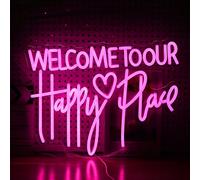 LIUOZHTEA Welcome To Our Happy Place Neon Sign LED Pink Our Happy Place Neon Light With USB for Wall Decor Dimmable Happy Letters Light Up Sign for Bedroom Wedding Party Home Decor (16.7 * 12.6In)