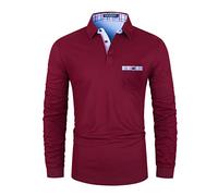 LIUPMWE Mens Polo Shirt Long Sleeve Contrast Color Denim Collar Patchwork Cotton Tee Tops,3XL,Red-37