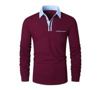 LIUPMWE Mens Polo Shirt Long Sleeve Contrast Color Denim Collar Patchwork Cotton Tee Tops,Red-YT43,3XL