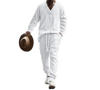 LIUPONHU Athleisure Cable Jacquard Set, Men's Casual V-Neck Long Sleeve Tops and Drawstring Jogging Suits 2 Piece Set