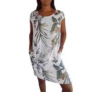 LIUPONHU Needream Dresses,Women's Cotton and Linen Round Neck Printed Dress,Summer Casual Fashion Loose Beach Dress (UK, Alpha, L, Regular, Regular, White-1)