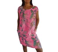 LIUPONHU Needream Dresses,Women's Cotton and Linen Round Neck Printed Dress,Summer Casual Fashion Loose Beach Dress (UK, Alpha, M, Regular, Regular, Red)