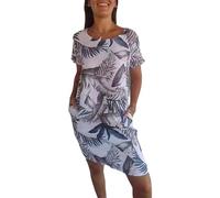 LIUPONHU Needream Dresses,Women's Cotton and Linen Round Neck Printed Dress,Summer Casual Fashion Loose Beach Dress (UK, Alpha, M, Regular, Regular, White)