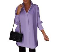 LIUPONHU White Lapel Slit Shirt,Dress Blouses for Women Elegant,White Satin Button Down Shirts for Women (Purple, M)