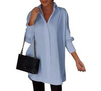 LIUPONHU White Lapel Slit Shirt,Dress Blouses for Women Elegant,White Satin Button Down Shirts for Women (Light Blue, M)