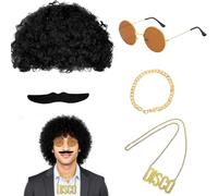 LIUQOBN 10 Pcs Disco Hippie Costume,70s 80s Hippy Fancy Dress Accessories, Funky Afro Wig, Necklace Sunglasses Bracelet Beard, Cosplay for Halloween Theme Party