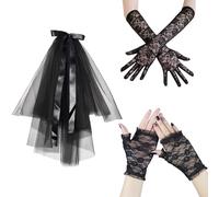LIUQOBN 3 Pcs Black Veil，Black Lace Gloves for Costume Evening Wedding Opera Tea Party Prom