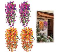 LIUQOBN 4Pcs Artificial Hanging Flowers Outdoor, Fake Trailing Plants Morning Glory for Hanging Baskets Spring Decor Garden Porch Wedding, Drooping Design for Pots Patio