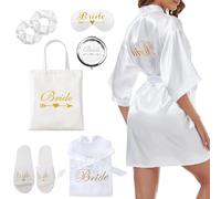 LIUQOBN 7 Pcs Robe And Slippers Set,Dressing Gown,Women's Kimono Robe Bathrobe Pajamas Bridal Wedding Party Morning Dress V-Neck Pajamas (White)