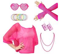 LIUQOBN 7Pcs 80s Accessories Set for Women, 1980s Costume Glasses Top Necklace Headband Gloves Earrings Wristband for Women Girls Retro Theme Hen Party